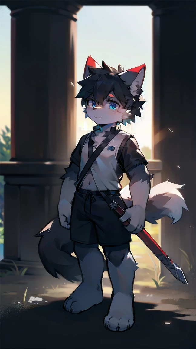 White Wolf，black hair，Sky blue eyes，hairy，Wolf ears，Wolf tail，Full body portrait，The character is in the center of the frame，Handsome，Confident eye***but，juvenile，Black and white combat uniform，Red neck bib，Black shorts，Short sleeve，hairy arms and legs，Dark background，Dark battlefield，dawn，sunrise，dawn，illumination，shadow，Swordsman，Scabbard and Hold the hilt of a in your hand，The scabbard is at the waist，Highest quality,A tall stature