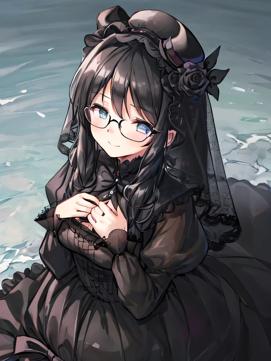 ((Masterpiece)), ((top quality)), very detailed, animated style illustration, 1girl, cute girl, solo, (from above:1.4), upper body, upper body focus, (black mourning dress:1.2), (black veiled mourning hat:1.1), hands on own chest, (beautiful eyes), beautiful black hair, long hair, slim, slender, glasses, medium breast, (closed eyes), (looking down:1.2), sad smile (Black Veil in front of her face:1.3).