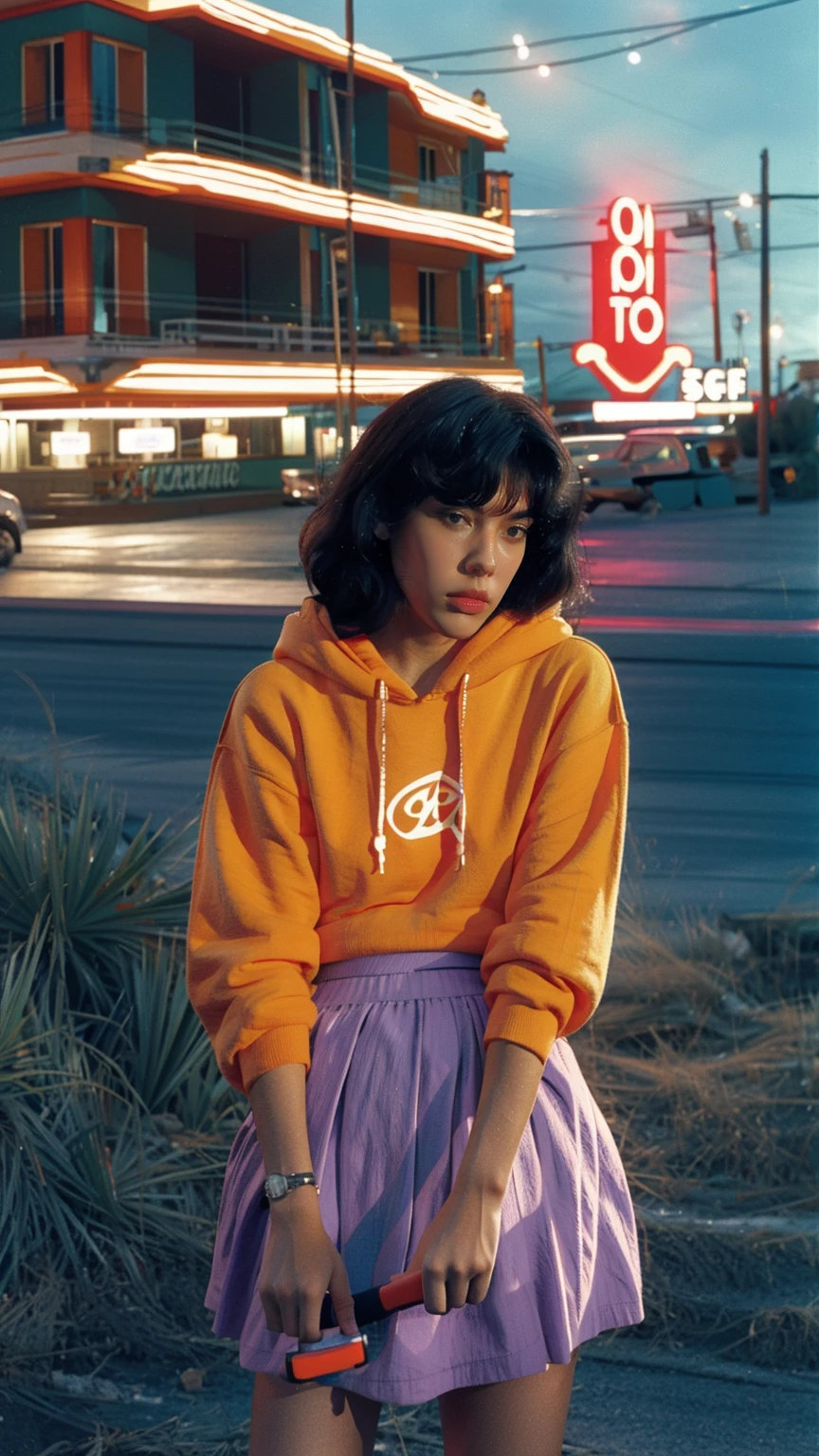 long shot portrait of cute 23 yo girl, happy body shape ,wear ((orange color oversized hoodie)), wear ((purple tennis skirt)),looking front,Best Quality,Masterpiece,Ultra High Resolution,(Realisticity:1.4),Original Photo, 1Girl, light leak,ultra high resolution,UHD,beautiful, (black bob hair), almond eye, no makeup, in front of (80's mondrian architecture motel), (realistic:1.2), (surreal:1.3), (very detailed:1.1), ((masterpiece)),summer, blue sky, palm trees,sunny, los angles vibes,film camera, 800mm lens,style of Philip Lorca diCorcia