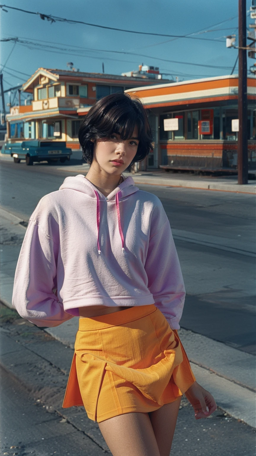 long shot portrait of cute 23 yo girl, happy body shape ,wear ((orange color oversized hoodie)), wear ((purple tennis skirt)),looking front,Best Quality,Masterpiece,Ultra High Resolution,(Realisticity:1.4),Original Photo, 1Girl, light leak,ultra high resolution,UHD,beautiful, (black bob hair), almond eye, no makeup, in front of (80's mondrian architecture motel), (realistic:1.2), (surreal:1.3), (very detailed:1.1), ((masterpiece)),summer, blue sky, palm trees,sunny, los angles vibes,film camera, 800mm lens,style of Philip Lorca diCorcia