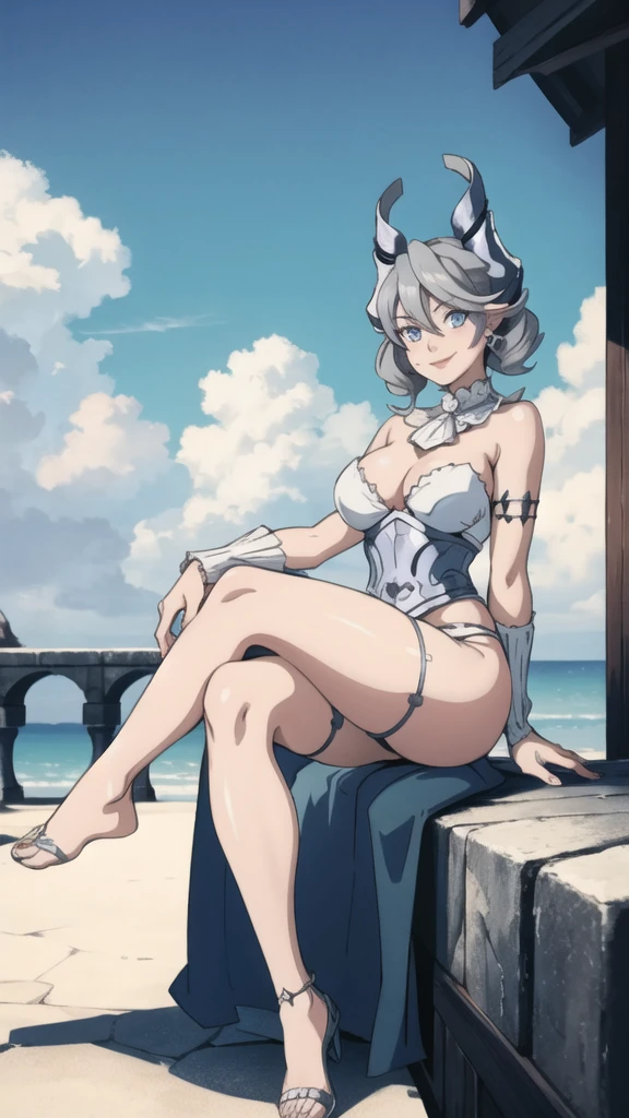 Outside castle top High level image quality best image quality 8K adult woman silver castle outside more colors whole body view portrait bikini horn ears short hair((shortcut)(gray hair)(perm)(fluffy)) eye color is blue , , attractive evil face , smile , sexy pose , labrynth , barearm , wearing white , sitting crossed legs styles , view foot arc , view side