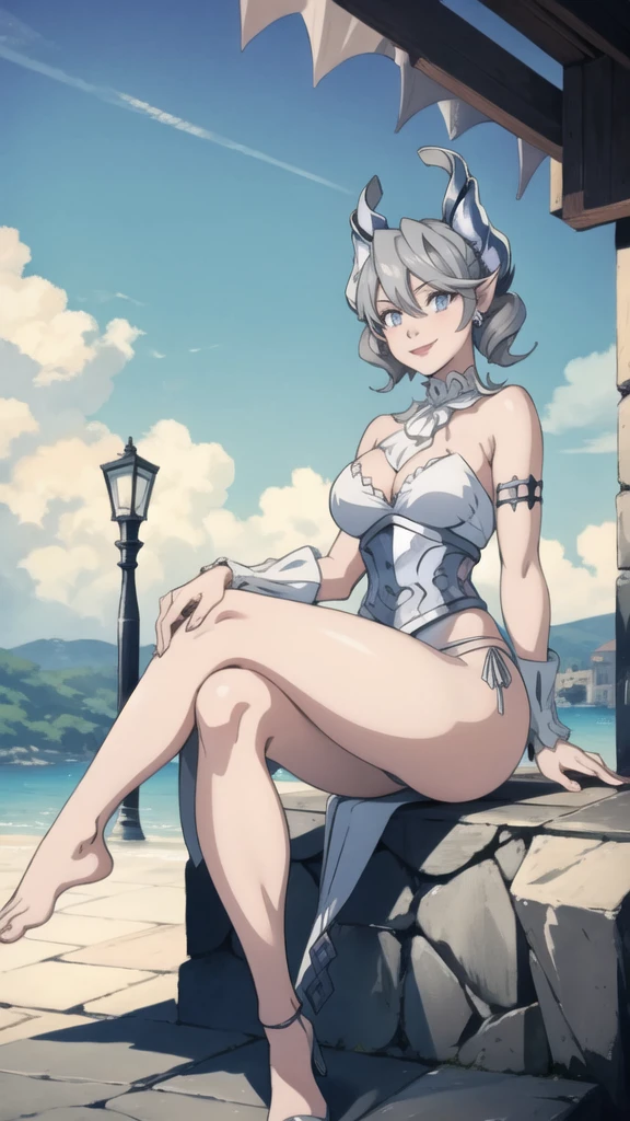  Outside castle top  High level image quality　best image quality　8K　 adult woman   silver castle outside  more colors   whole body view　portrait　 bikini   　horn    ears  　short hair（（shortcut）（gray hair）（perm）（fluffy））　eye color is blue ,  , 　attractive evil face , smile   ,  sexy pose   ,  labrynth ,  barearm    , wearing white   , sitting crossed legs styles , view foot arc   , view side