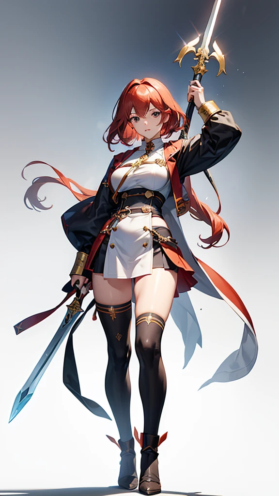 （whole bodyポートレート：1.5），jRPG Characters, jRPG Characters art, RPG Characters, whole body側面図, ((Pause)), Red hair, (To the camera), Character Design, ((Female Swordsman), Character Design, (Medieval), whole body, Holding a sword, (Perfect quality), Pure white background 世の), Pure white background, Lots of white space, Dark skin