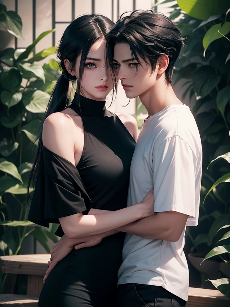 A tall handsome young man with black hair, with long black hair gathered in a tight ponytail, short bangs, black eyes, he is wearing a white T-shirt and white jeans, he hugs an incredibly beautiful tall pink hair femme fatale young woman with a very short haircut standing next to him, she has brilliant green eyes, She is wearing a simple black dress. Masterpiece, perfect image, realistic pictures, detailed face study, full-length image, 8k, detailed image. an extremely detailed illustration, a real masterpiece of the highest quality, with careful drawing. Sasuke Uchiha and Sakura Haruno