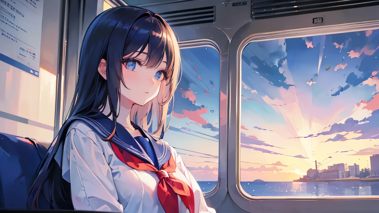 Woman looking out train window, profile, ((Masterpiece, Top Quality, High Resolution)), 1 Japanese girl, (Realistic: 1.4), Nice face and eyes, iris, Medium hair, (Beautiful hair: 1.5), (Lean figure: 1.2), Glowing skin, (Sailor suit: 1.2), Train seat, Smooth 