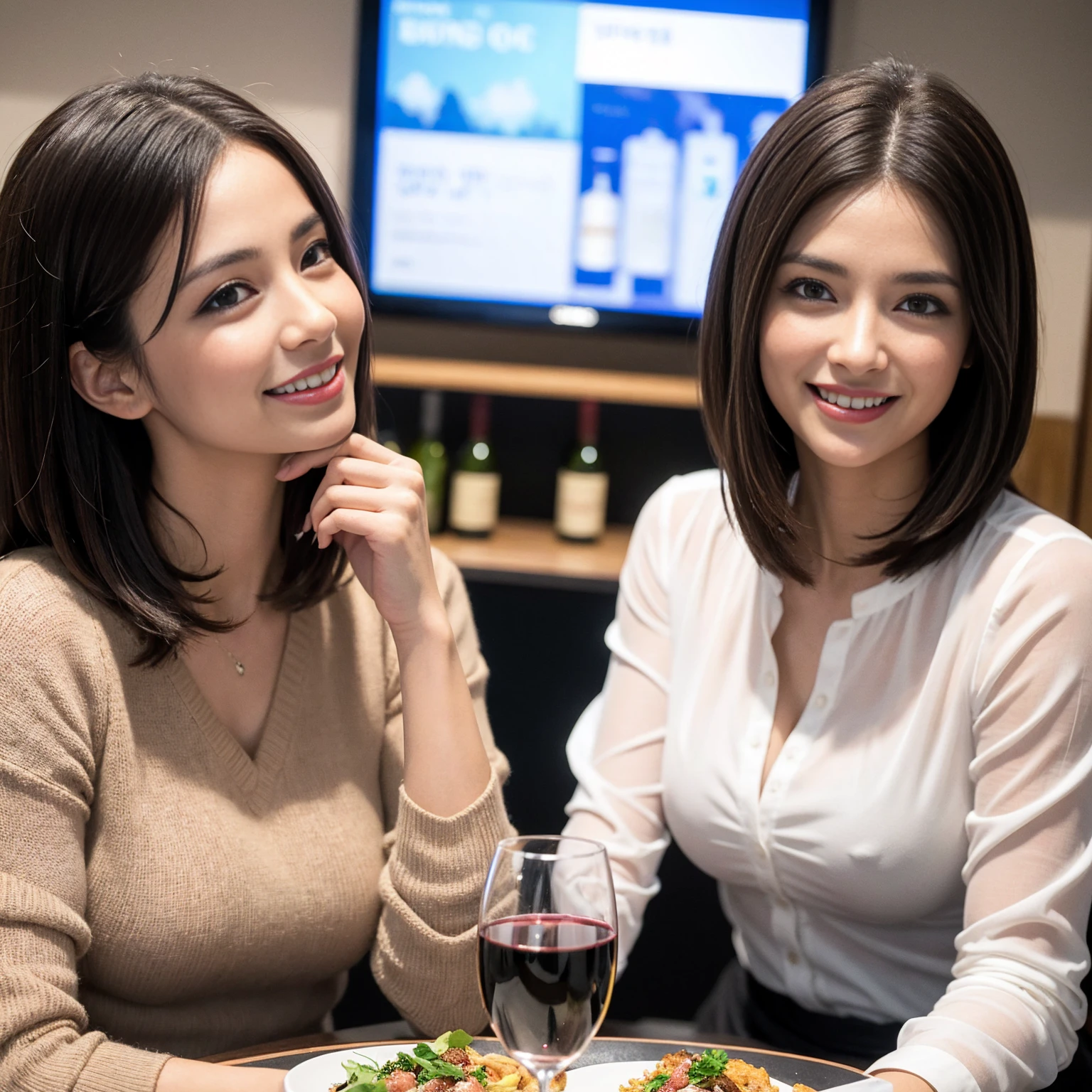 ((Highest quality、8K、masterpiece:1.3))、1 male 1 female、slimなCouple、ハッピーpinkな恋人、Couple、The body is slim、((Bob Hale、Straight hair:1.2)), (Realistic, Intricate details:1.2), フルコースディナーテーブルの上のwine glass、Shine light on your face、 Amazing view of the sunset sky and clouds、A bright smile、The wonderfulness of smile、Bright image、The beauty of wine, Beautiful Face, blue eyes, The light shines on your face, Blushing, short hair,Bright Face、 (Age 37), 39 years old, red wine 、Appetizers、Italian food、Wine bottle、Champagne、sparkling wine、Two beauties、Brown Hair、Shortcuts、Long sleeve shirt、dress、Beautiful woman 1, (slimな顔), (The body is slim), (Brown Hair), (Shortcuts), cheeks turn a little red,Attractive beauty、restaurant, In a prominent place (From the waist up) Nova Frog Style, actress, model, Upper Body, White wine, slim, wine glass, 中央に置かれたwine glass, smile, (smile: 1.15), Beautiful fine grain, Depth f/2,saturation, High Contrast, Strong light and shadow,Moist Body:1.5、3D texture、Delicate eyes、Brown Hair、The hair is very shiny、pink