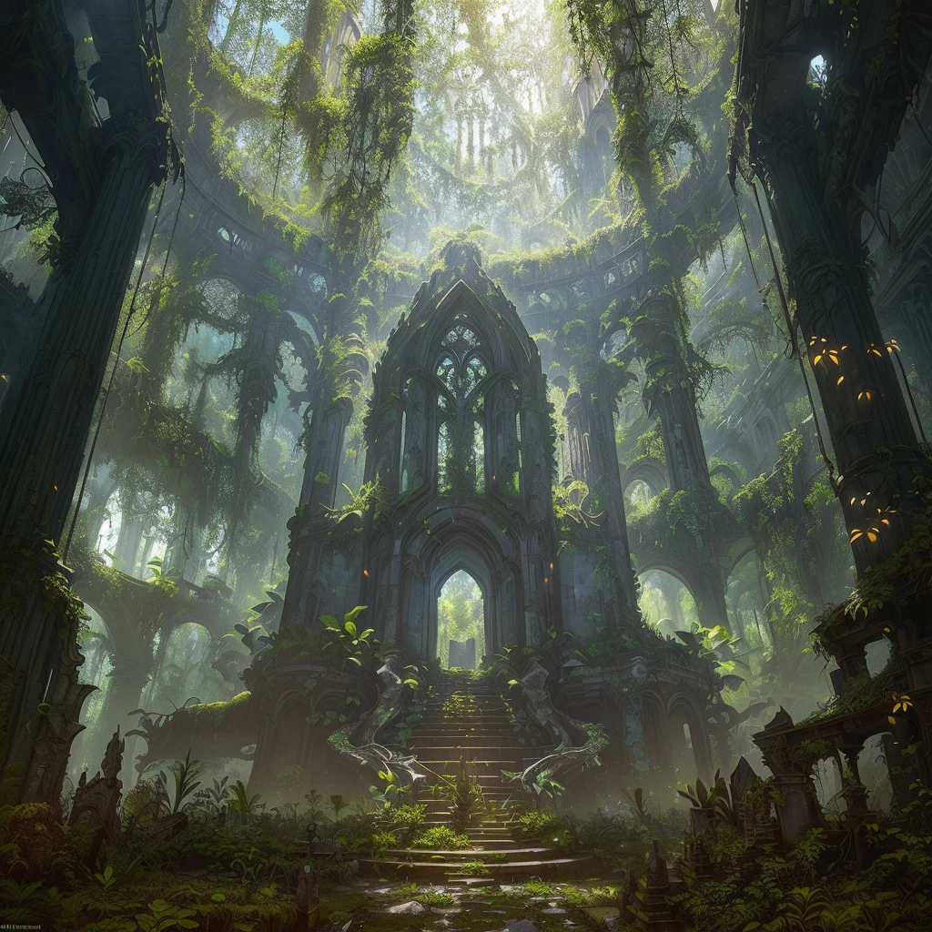there is a large building with a lot of plants and animals in it, award winning concept artist, unreal engine fantasy art, fantasy overgrown world, secret overgrown temple, art nouveau jungle environment, mystical sci-fi concept art, ancient ruins in the forest, a massive cathedral in a forrest, ancient magical overgrown ruins, detailed 4k concept art