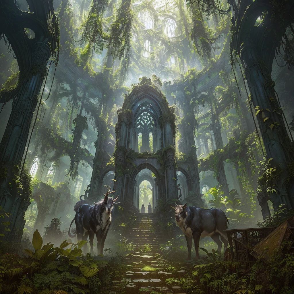 there is a large building with a lot of plants and animals in it, award winning concept artist, unreal engine fantasy art, fantasy overgrown world, secret overgrown temple, art nouveau jungle environment, mystical sci-fi concept art, ancient ruins in the forest, a massive cathedral in a forrest, ancient magical overgrown ruins, detailed 4k concept art