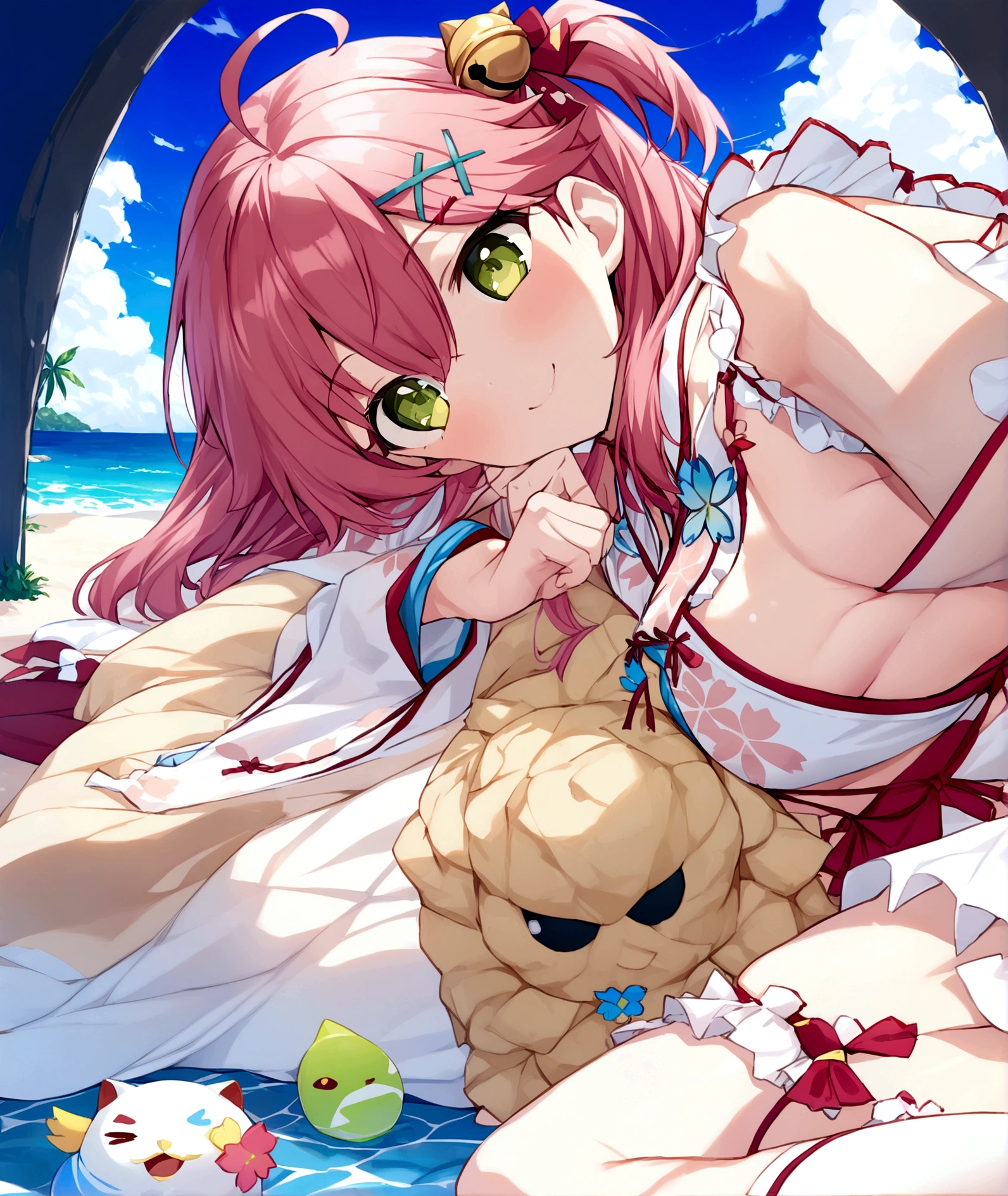 ((masterpiece,Highest quality)),One girl, Day, Swimwear, View your viewers, Recall, Ocean, Miko 1, sakura miko, Green Eyes, alone, Ahoge, X Hair Ornament, Pink Hair, Single knee socks, Side bust, Hair Clip, Hair Bell, Floral print, Long Hair, Hair between the eyes, One side up, White knee socks, Asymmetrical legwear, Wide sleeves, smile, sunny, Lie down