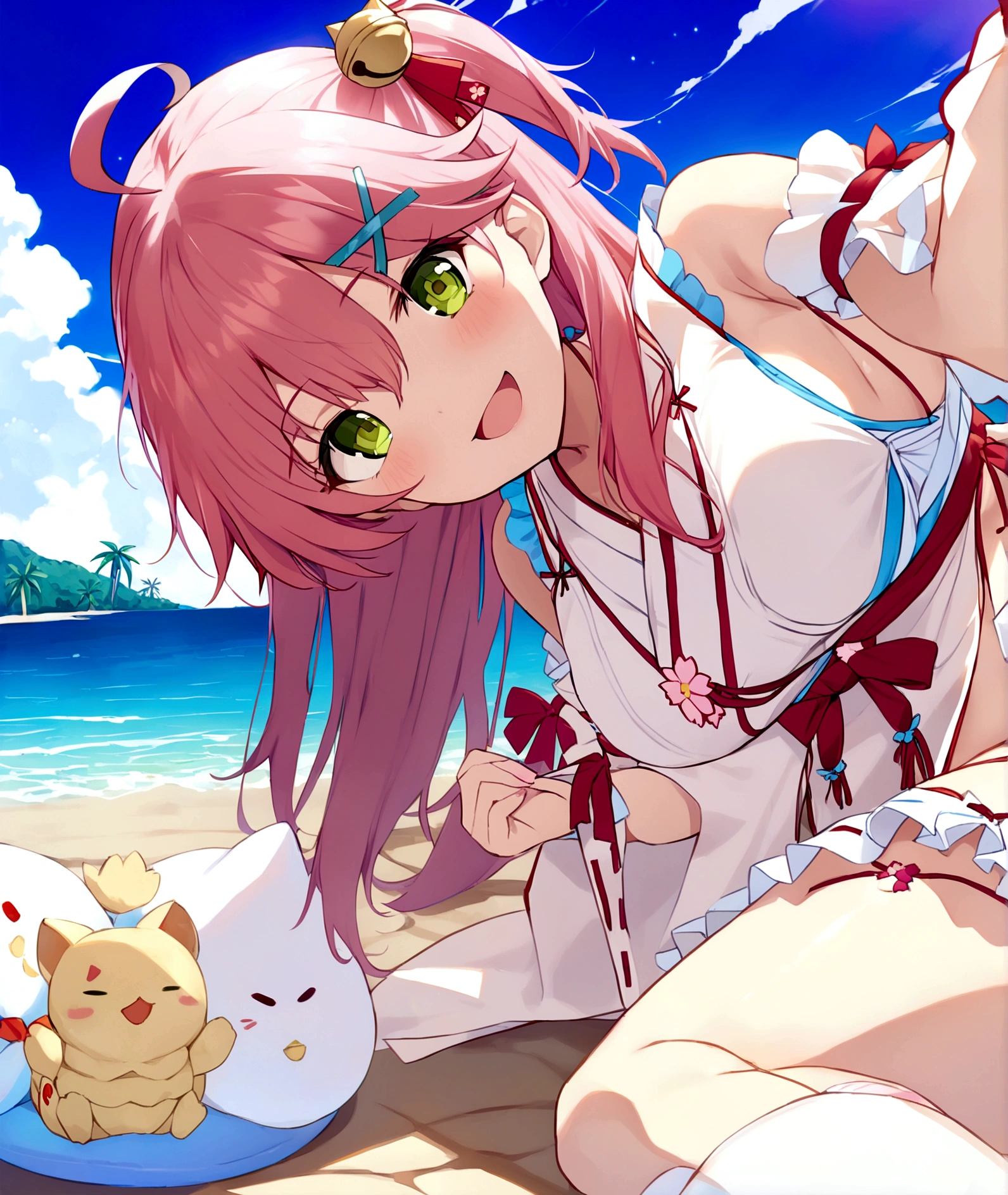 ((masterpiece,Highest quality)),One girl, Day, Swimwear, View your viewers, Recall, Ocean, Miko 1, sakura miko, Green Eyes, alone, Ahoge, X Hair Ornament, Pink Hair, Single knee socks, Side bust, Hair Clip, Hair Bell, Floral print, Long Hair, Hair between the eyes, One side up, White knee socks, Asymmetrical legwear, Wide sleeves, smile, sunny, Lie down