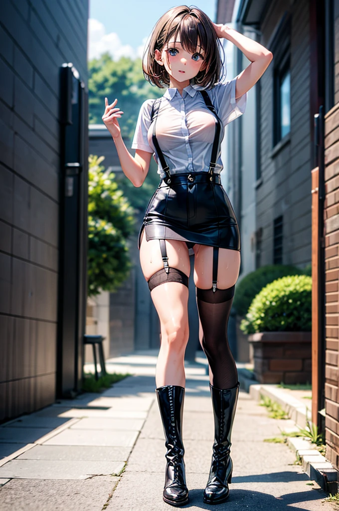 brown hair、looking at the viewer　　suspenders　　　Bulging big breasts　　 　 　　　　Black miniskirt　garter belt　knee high socks　　　　　　Gaze　　　small face　bangs 　　　　　Beauty　　hands up　　 　Gaze 　black boots 　provocation　　armpit sweat　one person 　　put your hands behind your back　cutter shirt　　Panty shot
