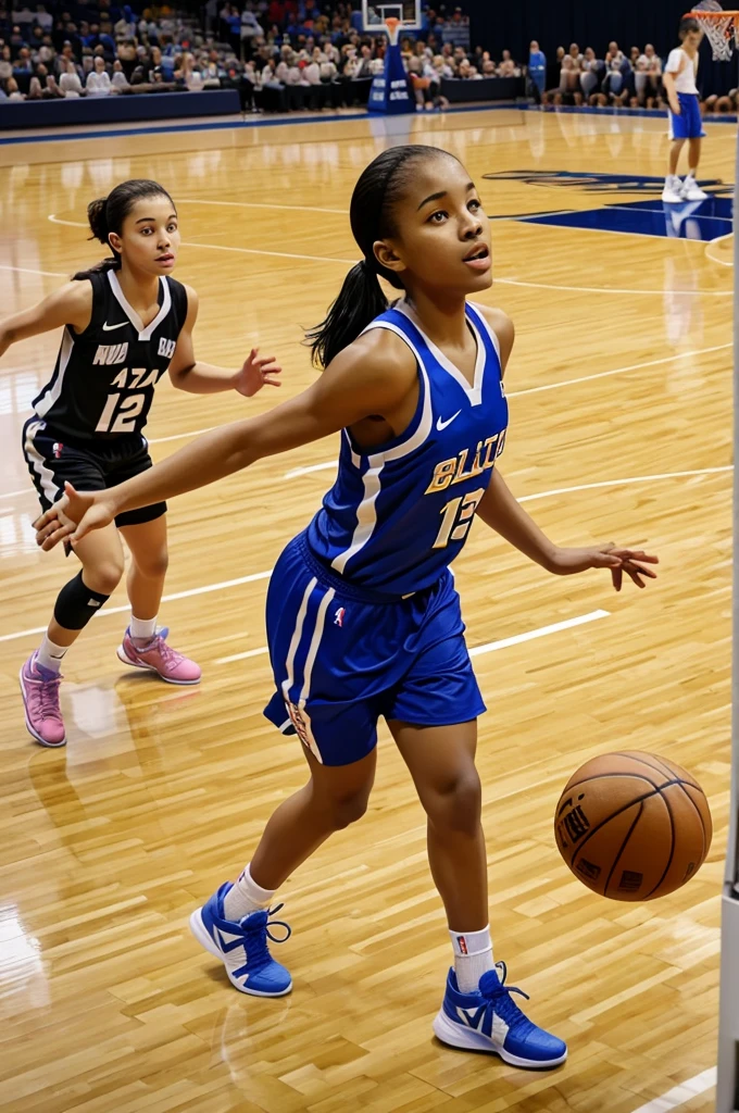 A young girl playing basketball in basketball clothes and goaling into basket with backgroup of normal nasketball court