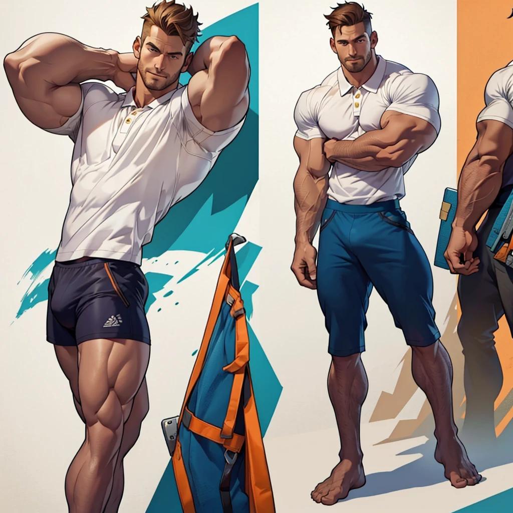 Character sheet , masterpiece,top-quality,((character sheets,Same character,Lateral face, back , side,soles)),environment change scene,Pose too,Hairstyle army,Posing ,(simple background、white backgrounid:1.3),illustration,1 male human,Stephen AMELL,daddy hunk , handsome,thin man yet muscular Man,six pack stomack,hunk Face ,Stubble,Lots of body hair,dark blond hair,,Hair is thick,White polo shirt,Crisp orange boxer, nice bulge,multi view,