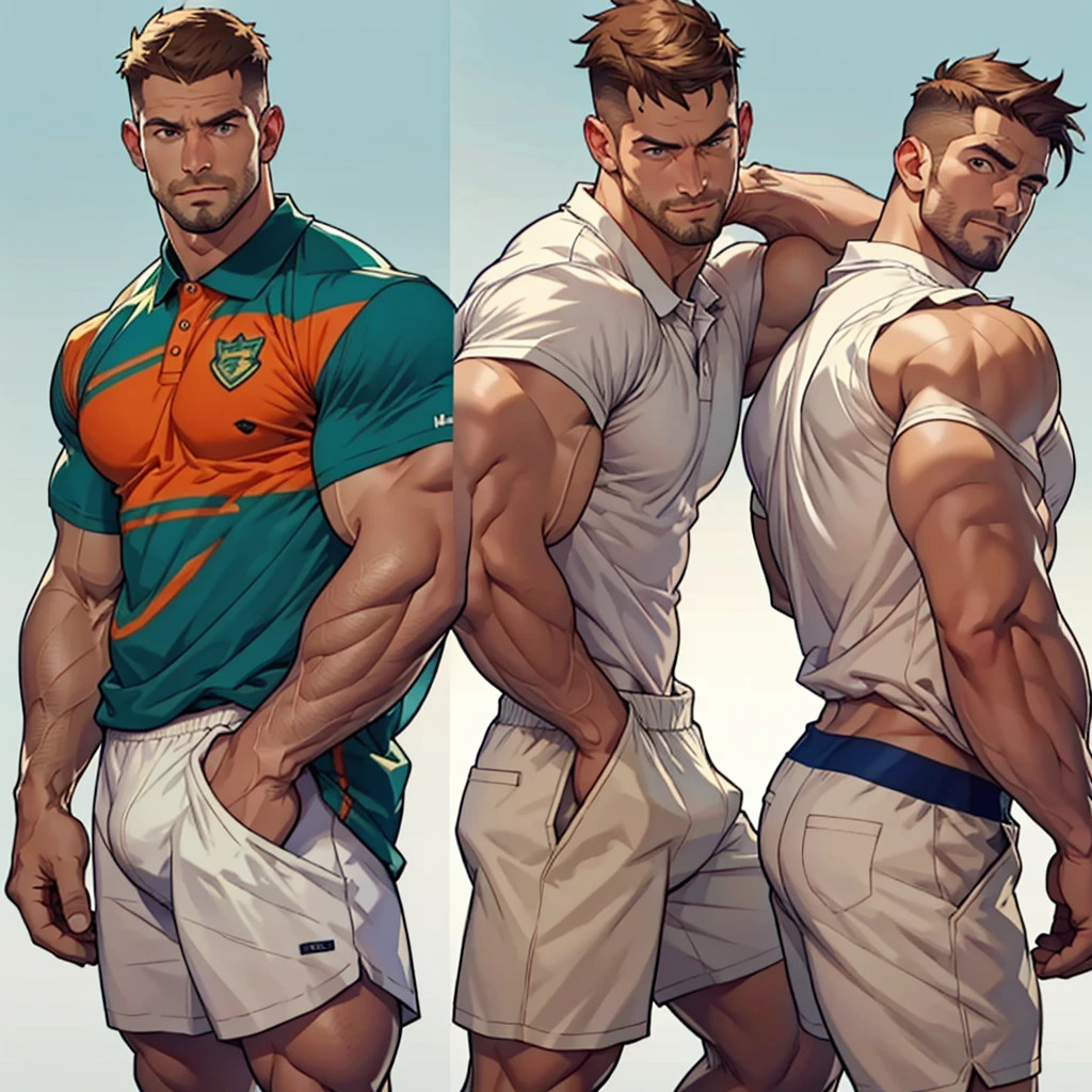 Character sheet , masterpiece,top-quality,((character sheets,Same character,Lateral face, back , side,soles)),environment change scene,Pose too,Hairstyle army,Posing ,(simple background、white backgrounid:1.3),illustration,1 male human,Stephen AMELL,daddy hunk , handsome,thin man yet muscular Man,six pack stomack,hunk Face ,Stubble,Lots of body hair,dark blond hair,,Hair is thick,White polo shirt,Crisp orange boxer, nice bulge,multi view,