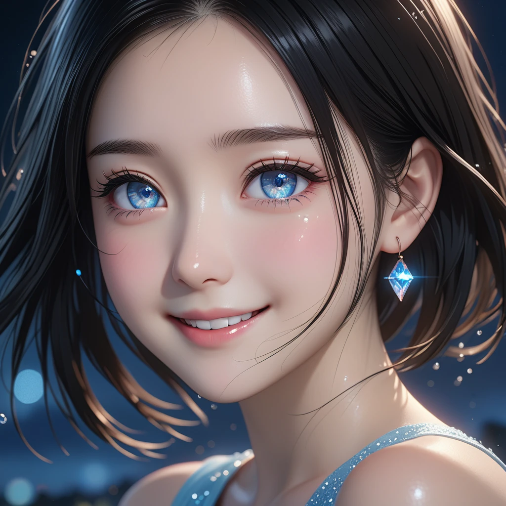 National Science Foundation,masterpiece,High resolution,8K,art,refer,3d,realism,Kyoto Animation Style,Your Name movie style,Looking into the camera,Soft Light,Glowing Skin,超High resolution, Attention to detail, High resolution, 8K, 16K, high quality, 最high quality, Super detailed, Textured skin, masterpiece, Accurate, Anatomically correct, Awards,(1 female: 1.3),(alone: 1.4),Starry Sky,(((Black Hair))),美しいBlack Hair,(((ponytail))),(Beautiful white formal dress),(((Elegant and beautiful pure white formal dress))),(((Beautiful woman wearing a pure white formal dress))),(She is wearing black pantyhose),(Crystal Hairpin),(Crystal Necklace),(Crystal Earrings),(Crystal Bracelet),(Crystal Ring),Long eyelashes,Thin legs,Close-up,Bust Shot,(Eyes that shine like the stars in the night sky),(Pale blue eyes),Beautiful shining clear eyes,Eyes moist with tears,(blush),(shy),(Shy smiling face),(A woman smiling slightly),(Smile with your lips slightly open),mystery,mystery的な,(Face, head and body must not extend beyond the screen),