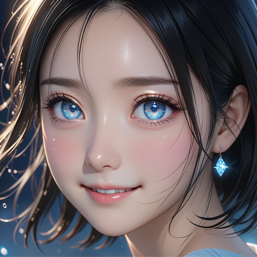 uhd, high details, highres, 8K, 16K, high quality, best quality, super detail, textured skin, masterpiece, accurate, anatomically correct, award winning,Surrealism, high detail, Realism, cinematic lighting, black hair, shiny hair, crystal hair, pale blue eyes, longeyelashes, pupils sparkling,shy, smile, blush, light blush, bright pupils, glint,first-person view, ass pov,cinematic lighting,masterpiece, High resolution, Kyoto Animation Style, Your Name Movie Style, night, midnight, Light, (1 female: 1.3), (alone: 1.4), Long eyelashes, Upper body close-up, floating hair,parted lips,hoop earrings,(((Black Hair))),Long Bob,Medium Hair,美しいBlack Hair,光沢のあるBlack Hair,Hair blowing in the wind,Long eyelashes,Thin legs,Feminine poses,Sexy pose,Close up of upper body,close,Pale blue eyes,Watery eyes,Little tears,Blushed,shy,Smiling Face,Smiling shyly,