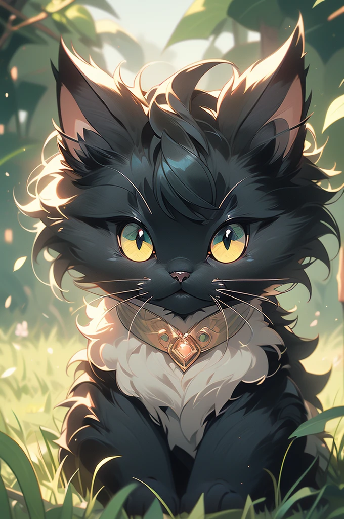 a black cat with glowing eyes sitting in the grass, a detailed drawing by Kubisi art, trending on cgsociety, furry art, cute detailed digital art, cute detailed artwork, cute digital art, 🌺 cgsociety, cute art style, adorable glowing creature, cute artwork, jen bartel, very very beautiful furry art, with glowing eyes