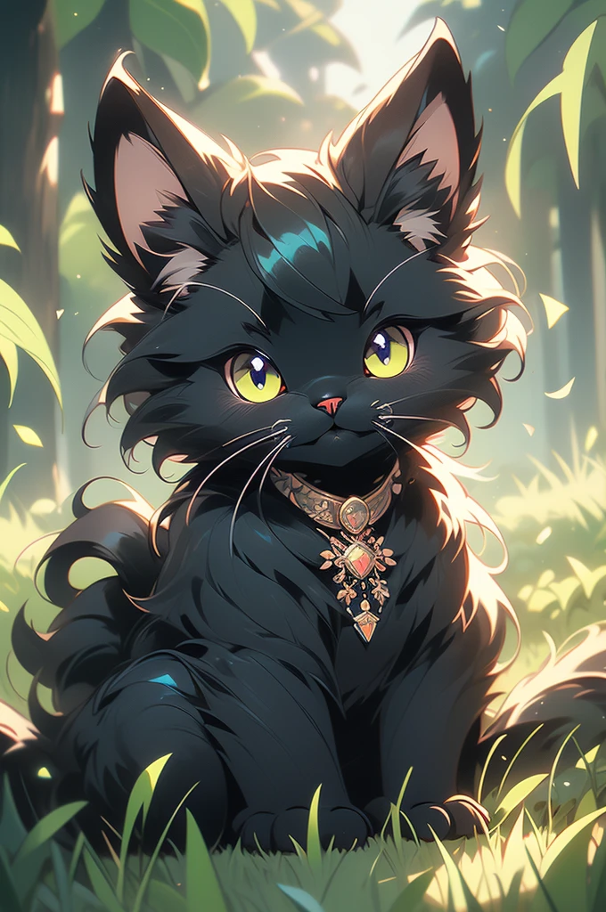 a black cat with glowing eyes sitting in the grass, a detailed drawing by Kubisi art, trending on cgsociety, furry art, cute detailed digital art, cute detailed artwork, cute digital art, 🌺 cgsociety, cute art style, adorable glowing creature, cute artwork, jen bartel, very very beautiful furry art, with glowing eyes