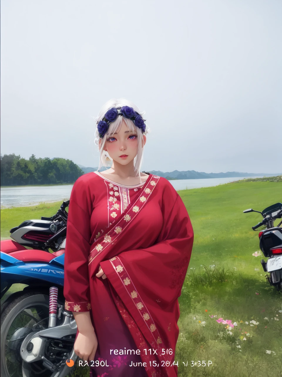 realistic, 1girl, white hair, purple eyes, glowing eyes, crop top, skirt, parted lips, blush, night, flowers, sun, sunlight,