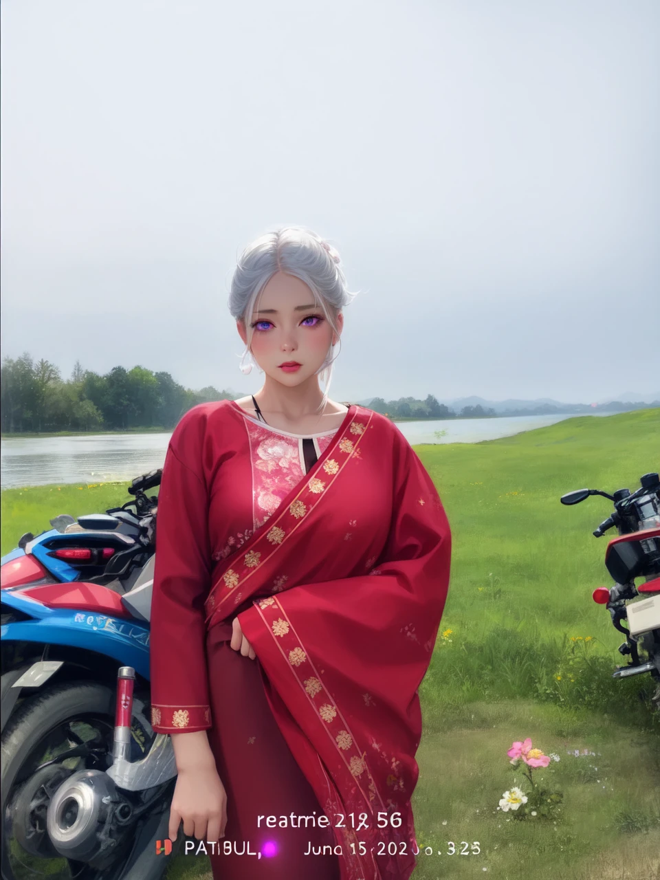 realistic, 1girl, white hair, purple eyes, glowing eyes, crop top, skirt, parted lips, blush, night, flowers, sun, sunlight,