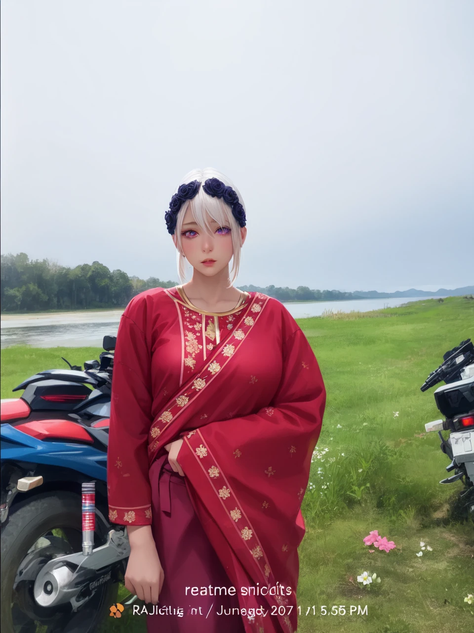 realistic, 1girl, white hair, purple eyes, glowing eyes, crop top, skirt, parted lips, blush, night, flowers, sun, sunlight,