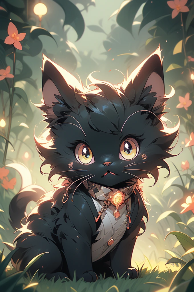 a black cat with glowing eyes sitting in the grass, cute detailed digital art, cute detailed artwork, cute digital art, 🌺 cgsociety, cute art style, adorable glowing creature, cute artwork, jen bartel, by Kubisi art, very very beautiful furry art, with glowing eyes, beeple and jeremiah ketner, cat from the void