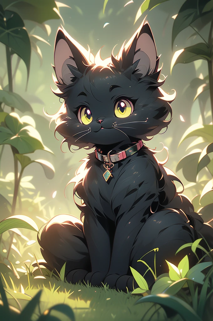 a black cat with glowing eyes sitting in the grass, cute detailed digital art, cute detailed artwork, cute digital art, 🌺 cgsociety, cute art style, adorable glowing creature, cute artwork, jen bartel, by Kubisi art, very very beautiful furry art, with glowing eyes, beeple and jeremiah ketner, cat from the void