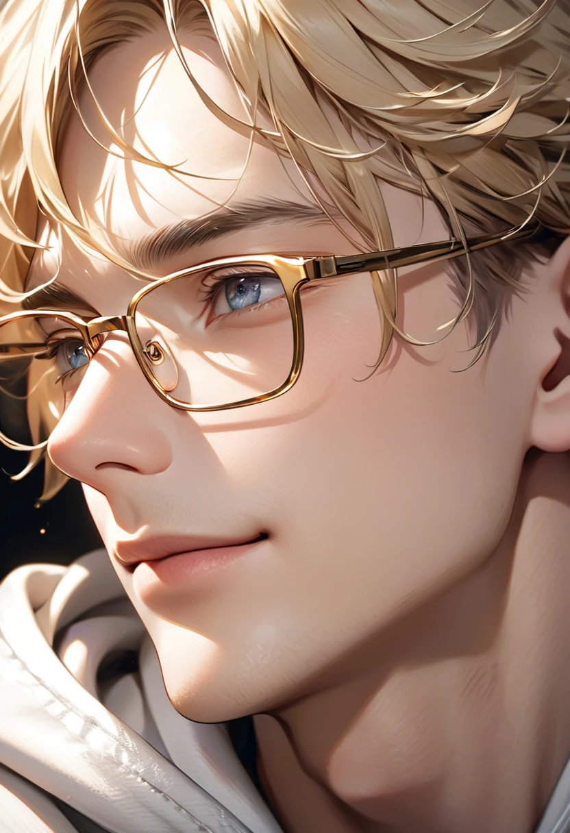       A handsome mature young boy wearing gold-rimmed glasses takes a photo of his face. Close-up of a blond-haired man wearing gold-rimmed glasses( perfect anatomy ) Face side close-up. 

            Detailed face. realistic eyes. The face and eyes are very detailed. Delicate skin.、Delicate skin texture smile, 

                White hoodie dark shadow background, soft light, Professional photography master&#39;Artworks, texture, complicated, Clear,

               High-quality masterpieces，Extremely complicated and exquisitely detailed, Super detailed, Super detailed digital art