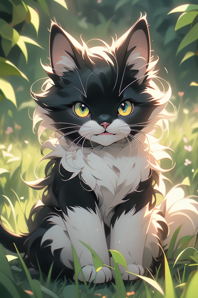 a black cat with glowing eyes sitting in the grass, a detailed drawing by Kubisi art, trending on cgsociety, furry art, cute detailed digital art, cute detailed artwork, cute digital art, 🌺 cgsociety, cute art style, adorable glowing creature, cute artwork, jen bartel, very very beautiful furry art, with glowing eyes