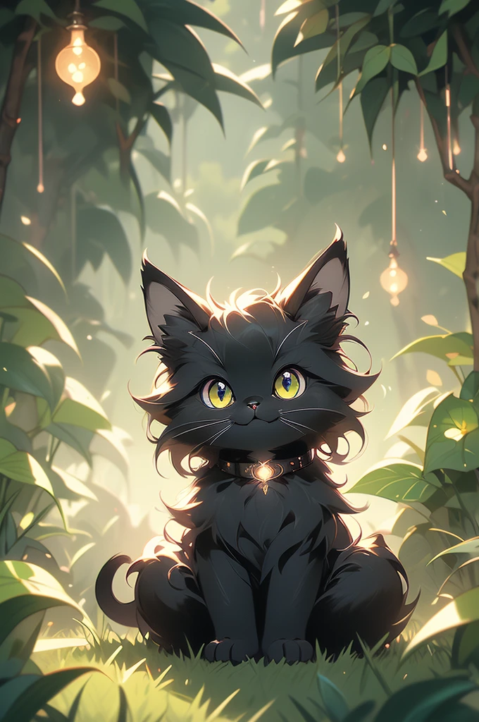 a black cat with glowing eyes sitting in the grass, a detailed drawing by Kubisi art, trending on cgsociety, furry art, cute detailed digital art, cute detailed artwork, cute digital art, 🌺 cgsociety, cute art style, adorable glowing creature, cute artwork, jen bartel, very very beautiful furry art, with glowing eyes