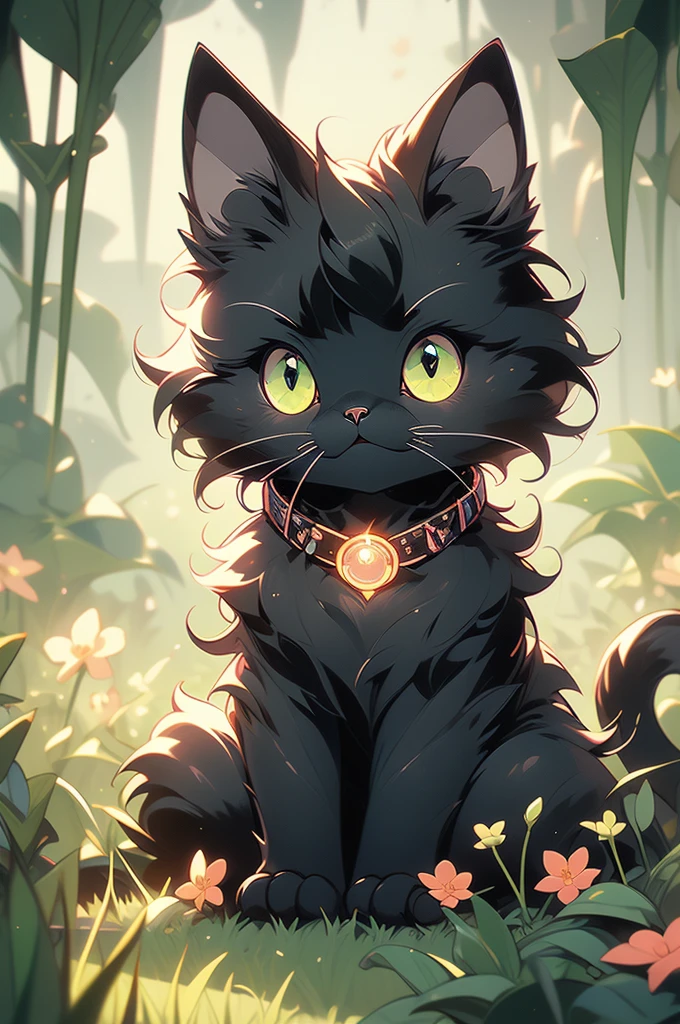 a black cat with glowing eyes sitting in the grass, cute detailed digital art, cute detailed artwork, cute digital art, 🌺 cgsociety, cute art style, adorable glowing creature, cute artwork, jen bartel, by Kubisi art, very very beautiful furry art, with glowing eyes, beeple and jeremiah ketner, cat from the void