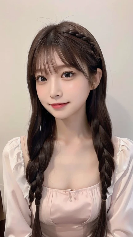 (8K、Highest quality、masterpiece:1.2)、Silk dress、Very detailed、Ultra-high resolution、A childlike smile、Innocence、 girl、Beautifully detailed face、(Slim waist) :1.3)、Braided hair、beautifully detailed skin、Skin Texture、Floating Hair、Human whole body、masterpiece, Highest quality, Very detailedな, Film Photography, Very delicate and beautiful ,beautiful girl 日本のgirl, Small breasts,Close-up face,((No makeup)),、((Pitch-dark room)), ((look up:1.2 )),