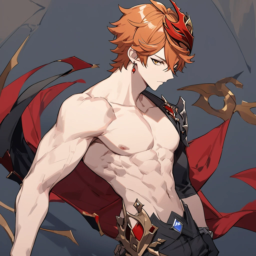 Young guy, short orange hair, cat ears, blue eyes, open torso, Battle mantle, Smile, Masterpiece, hiquality