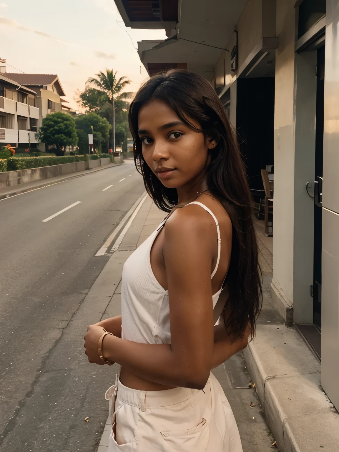 Girl Brown Skin in front of hotel road