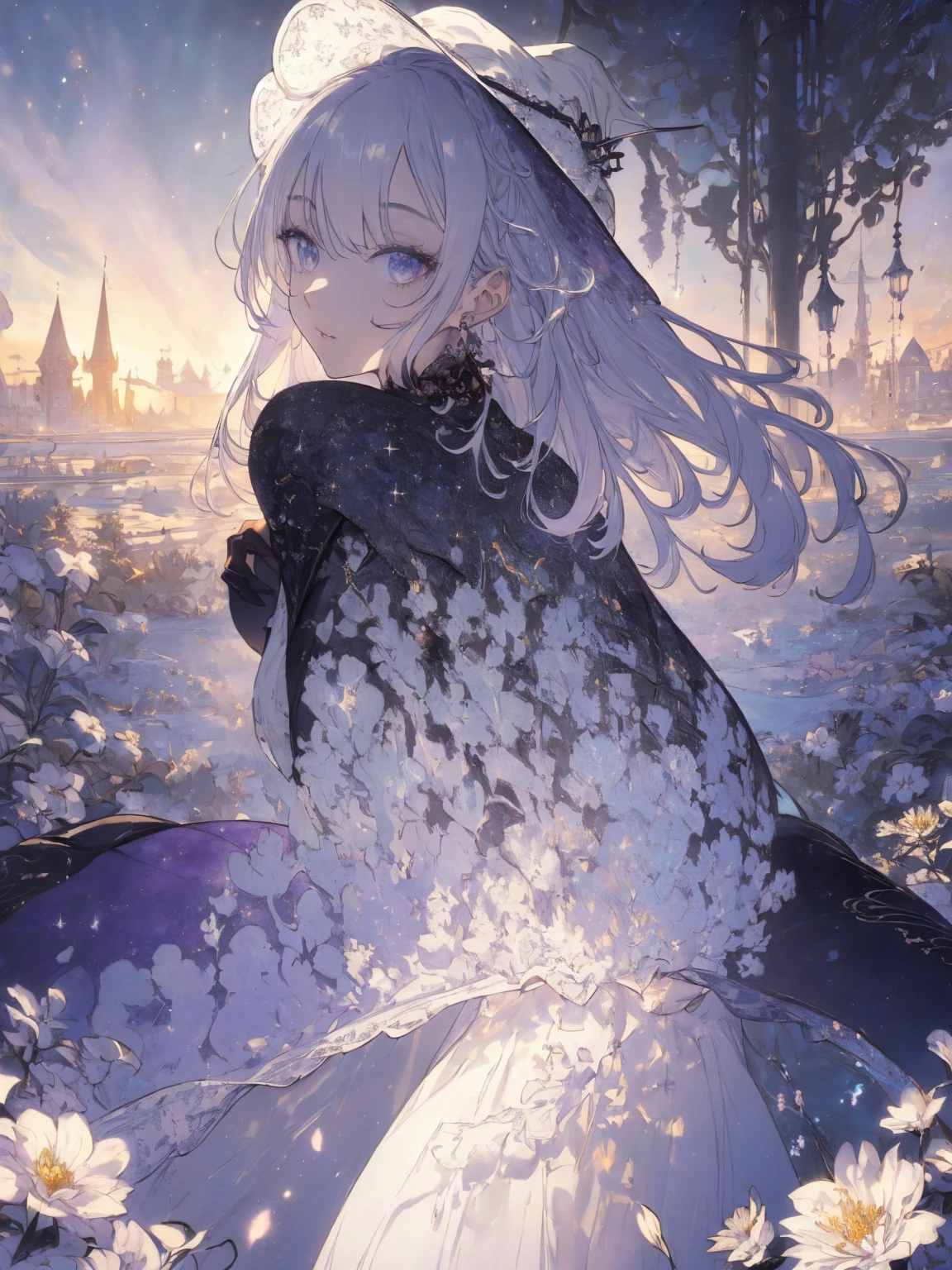 (landscape photo, with a woman in the bottom right of photo:1.5, in white garden:1.5), Masterpiece, best quality, (very detailed CG unity 8k wallpaper), (best quality), High definition RAW color art, Animation,sculptures, (black Marble Skin), (((Ultra detailed elegant))), Magical atmosphere, Detailed skin, Texture,(Intricately detailed, Fine detail, ultra-detail art), depth of fields, bokeh, Silky Touch, Hyper Detail, beautiful eyes, Elegant Face, (sexy profile posing), sparkle background, enormous breast:1.4,  (silver hair), pastel purple, witchcraft dress, witchcraft hat, embarrassing face, 蔦,  Dramatic Light, smiley, フリル, サファイア