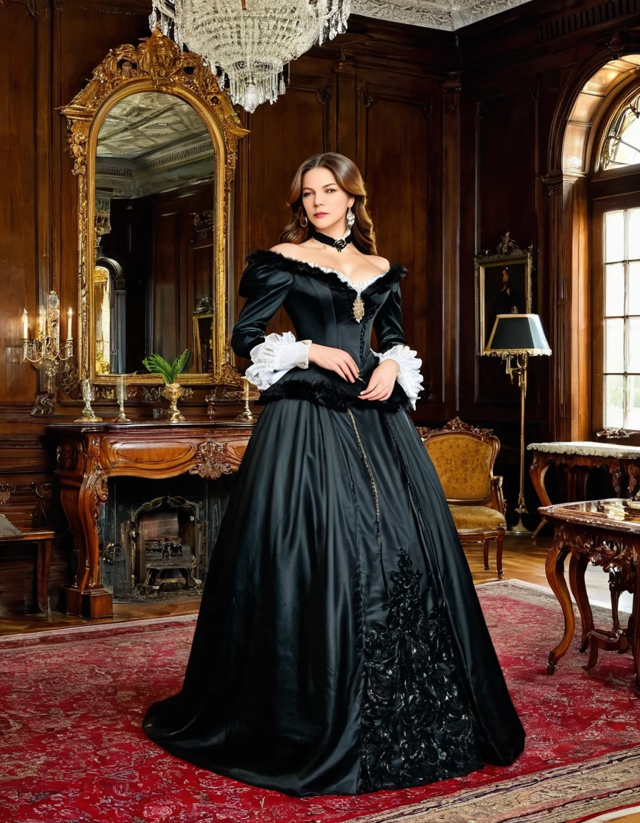 A woman with long brown hair, dressed in a black Victorian gown, standing in a historical mansion with antique furnishings.