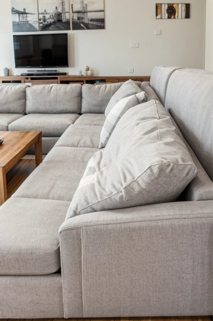 large gray couch against off white wall. wooden kitzch on the wall behind couch, ULTRA DETAILED Up close to viewer, looking straight at couch not angled