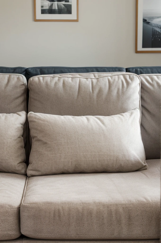 large gray couch against off white wall. wooden kitzch on the wall behind couch, ULTRA DETAILED Up close to viewer, looking straight at couch not angled