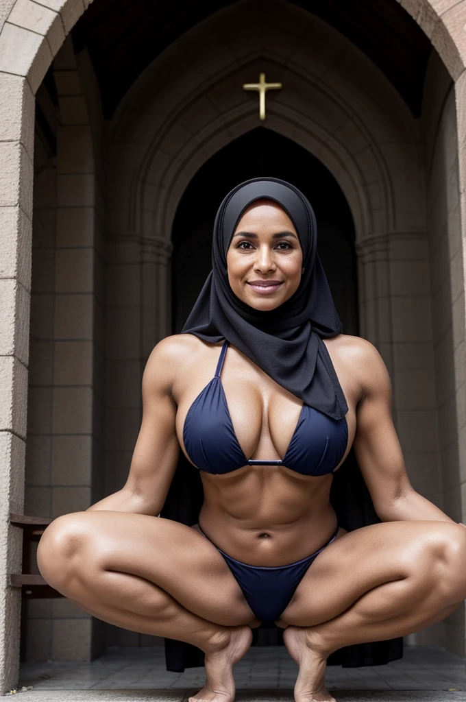 Hijab milf, perfect skin, bikini, age 40, church, one breast out, squatting,