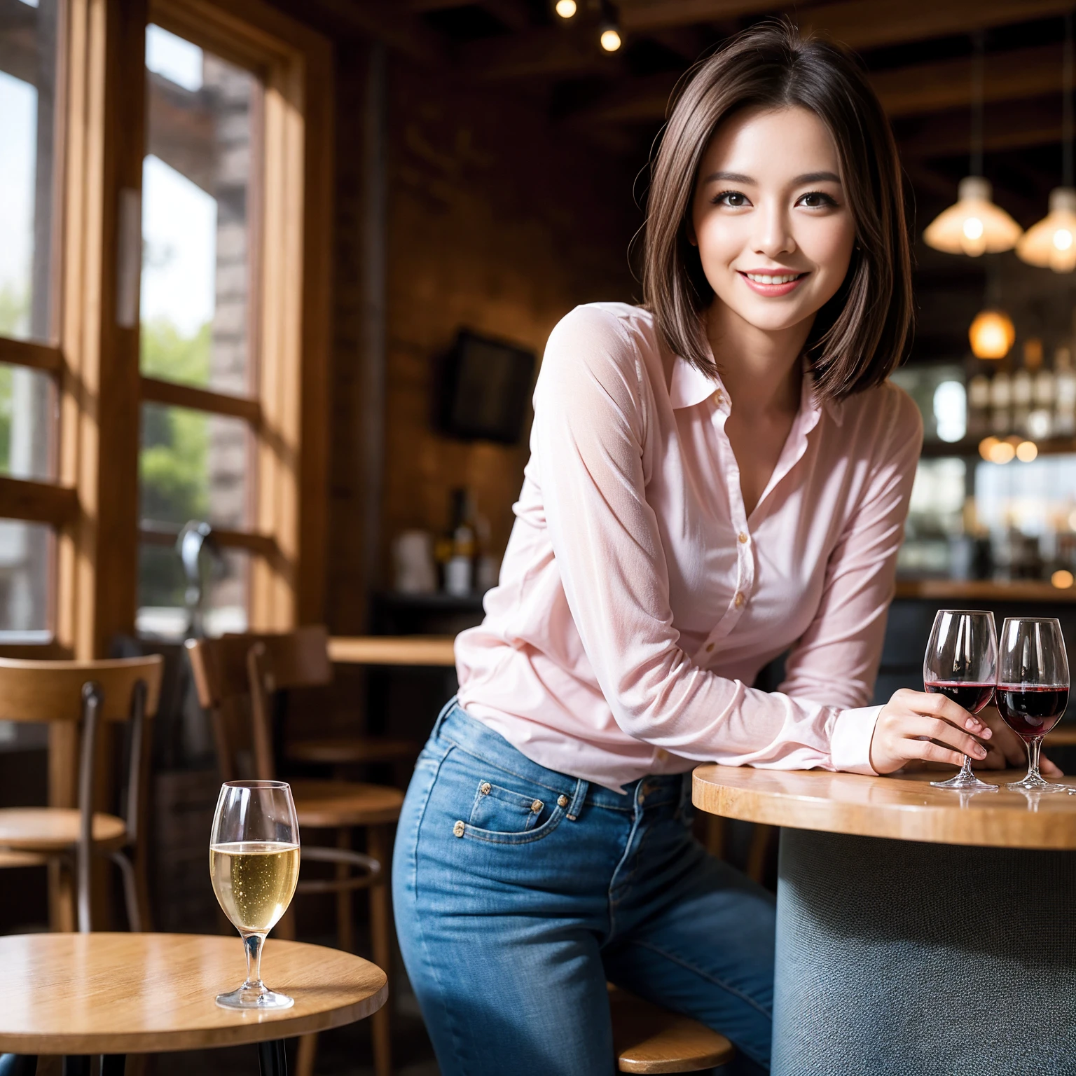 ((Highest quality、8K、masterpiece:1.3))、1 male 1 female、美女Couple、Pink Lover、Couple、The body is slim、((Bob Hale、Straight hair:1.2)), (Realistic, Intricate details:1.2), テーブルの上のwine glass、Put the light on your face、 Amazing view of the sunset sky and clouds、Amazing mountain views、A bright smile、The wonderfulness of smile、Bright image、The beauty of wine, Beautiful Face, blue eyes, The light shines on your face, Blushing, short hair,Bright Face、 (Age 37), 39 years old, red wine 、Appetizers、Italian food、Wine bottle、Champagne、sparkling wine、Two beauties、Brown Hair、Shortcuts、Long sleeve shirt、dress、Beautiful woman 1, (slimな顔), (The body is slim), (Brown Hair), (Shortcuts), cheeks turn a little red,Attractive beauty、restaurant, In a prominent place (From the waist up) Nova Frog Style, actress, model, Upper Body, White wine, slim, wine glass, 中央に置かれたwine glass, smile, (smile: 1.15), Beautiful fine grain, Depth f/2,saturation, High Contrast, Strong light and shadow,Moist Body:1.5、3D texture、Delicate eyes、Brown Hair、The hair is very shiny、