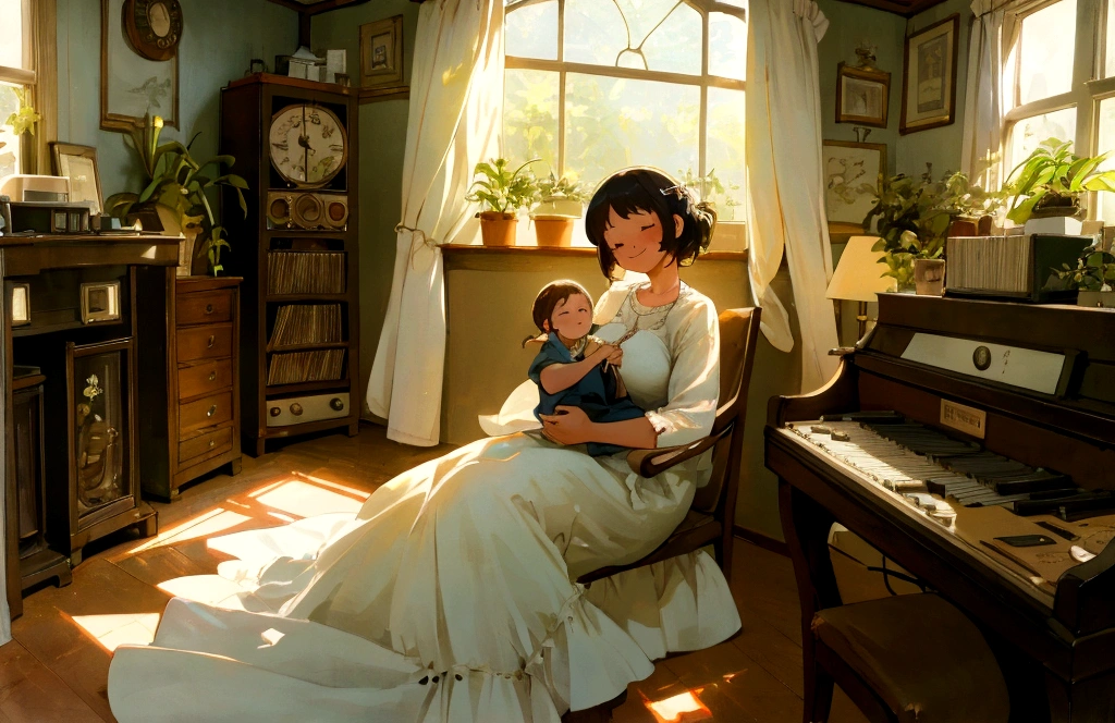 Mom holding a baby,high resolution,Smile brightly,A calm lo-fi girl sitting by a window with soft sunlight streaming in, Immerse yourself in music, A vintage room filled with records and plants, Evokes a sense of nostalgia and relaxation, figure, Digital Art, --16 pieces:9-5 o'clock