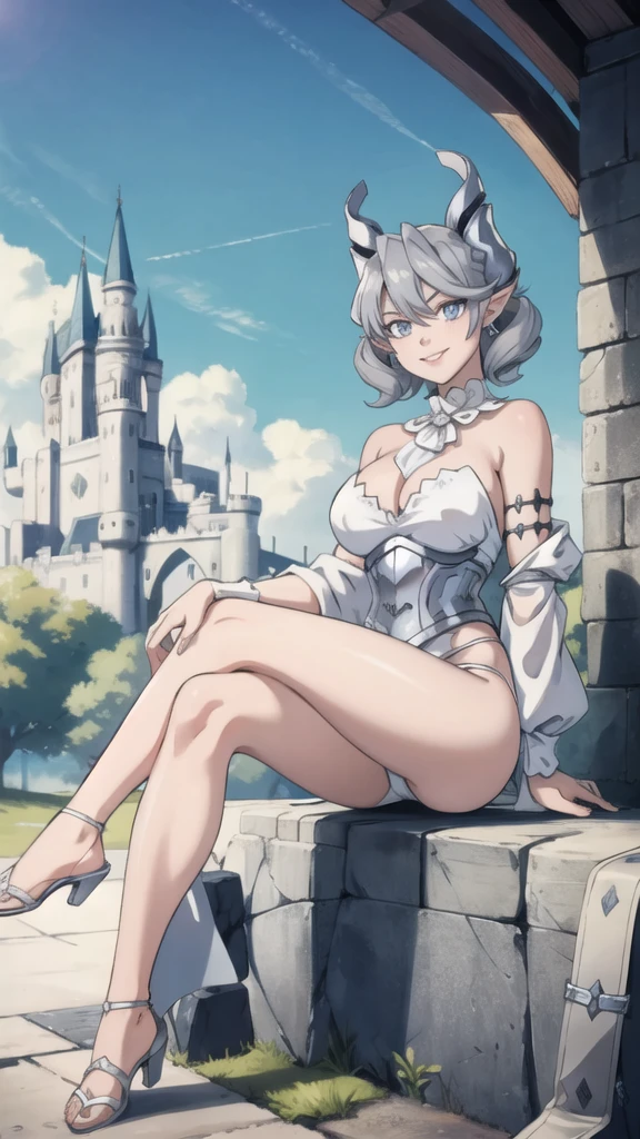 Outside castle top High level image quality best image quality 8K adult woman silver castle outside more colors whole body view portrait bikini horn ears short hair((shortcut)(gray hair)(perm)(fluffy)) eye color is blue , , attractive evil face , smile , sexy pose , labrynth , barearm , wearing white , sitting crossed legs styles , view foot arc , view side