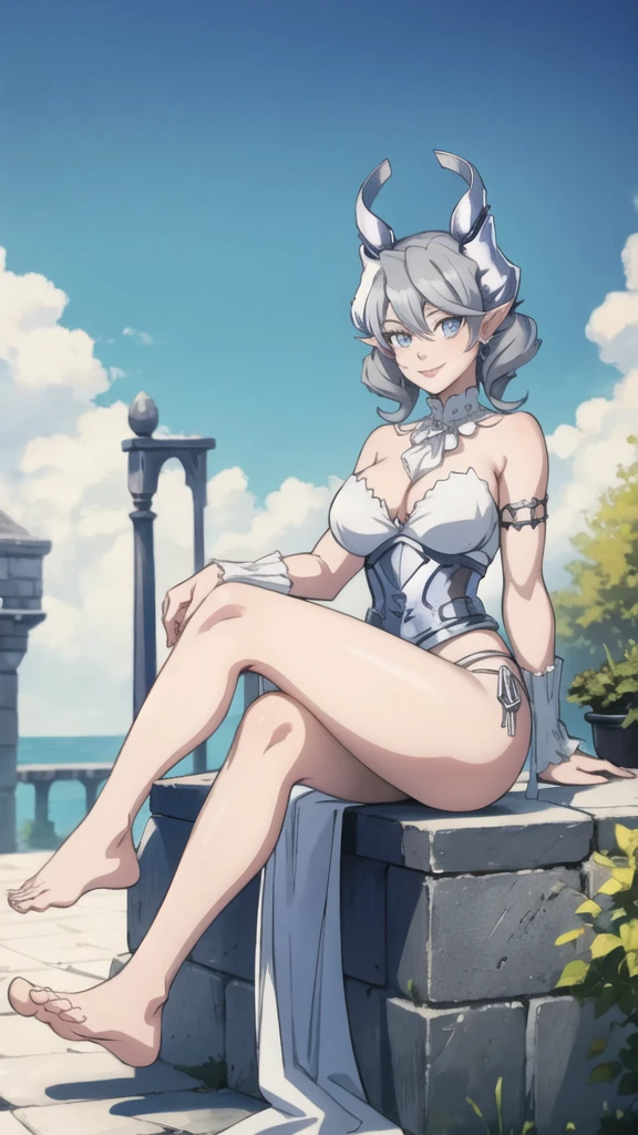  Outside castle top  High level image quality　best image quality　8K　 adult woman   silver castle outside  more colors   whole body view　portrait　 bikini   　horn    ears  　short hair（（shortcut）（gray hair）（perm）（fluffy））　eye color is blue ,  , 　attractive evil face , smile   ,  sexy pose   ,  labrynth ,  barearm    , wearing white   , sitting crossed legs styles , view foot arc   , view side