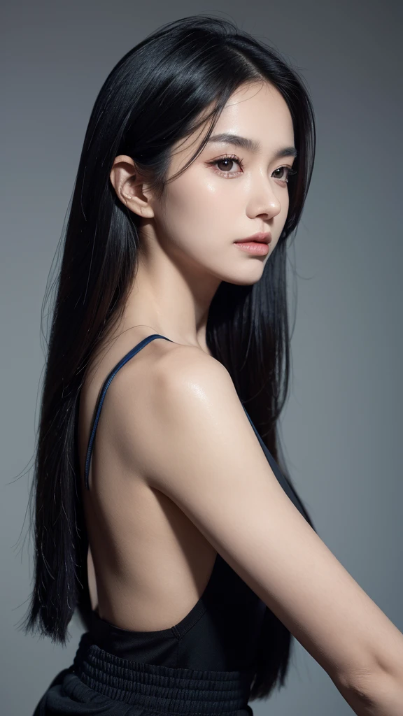 Quiet,Light makeup,Sexy,Peerless Beauty,Intellectual,clavicle,Neat long hair,Black Hair,Delicate face,Exquisite facial features,Natural expression,Natural eyes,sexy blue sports shorts