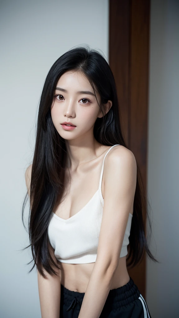 Quiet,Light makeup,Sexy,Peerless Beauty,Intellectual,clavicle,Neat long hair,Black Hair,Delicate face,Exquisite facial features,Natural expression,Natural eyes,sexy blue sports shorts