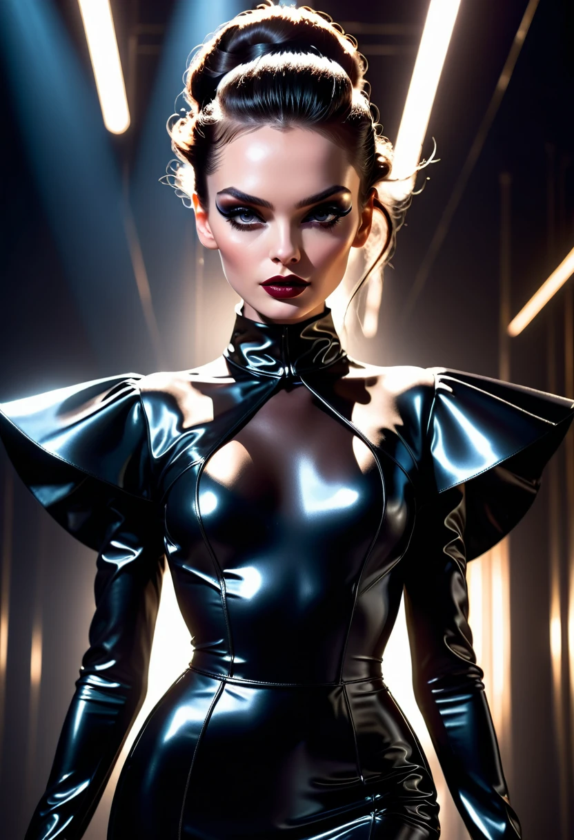 a high quality professional photo of a model named Roxanne, super detailed, Fashion photography, smooth, Samuel Hieronymus Grimm, 8k, trendy fashion, elegant, dark tones, runway ready, dynamic lighting, haute couture, editorial shoot, avant-garde, high fashion, cinematic, posed confidently, luxurious vibe