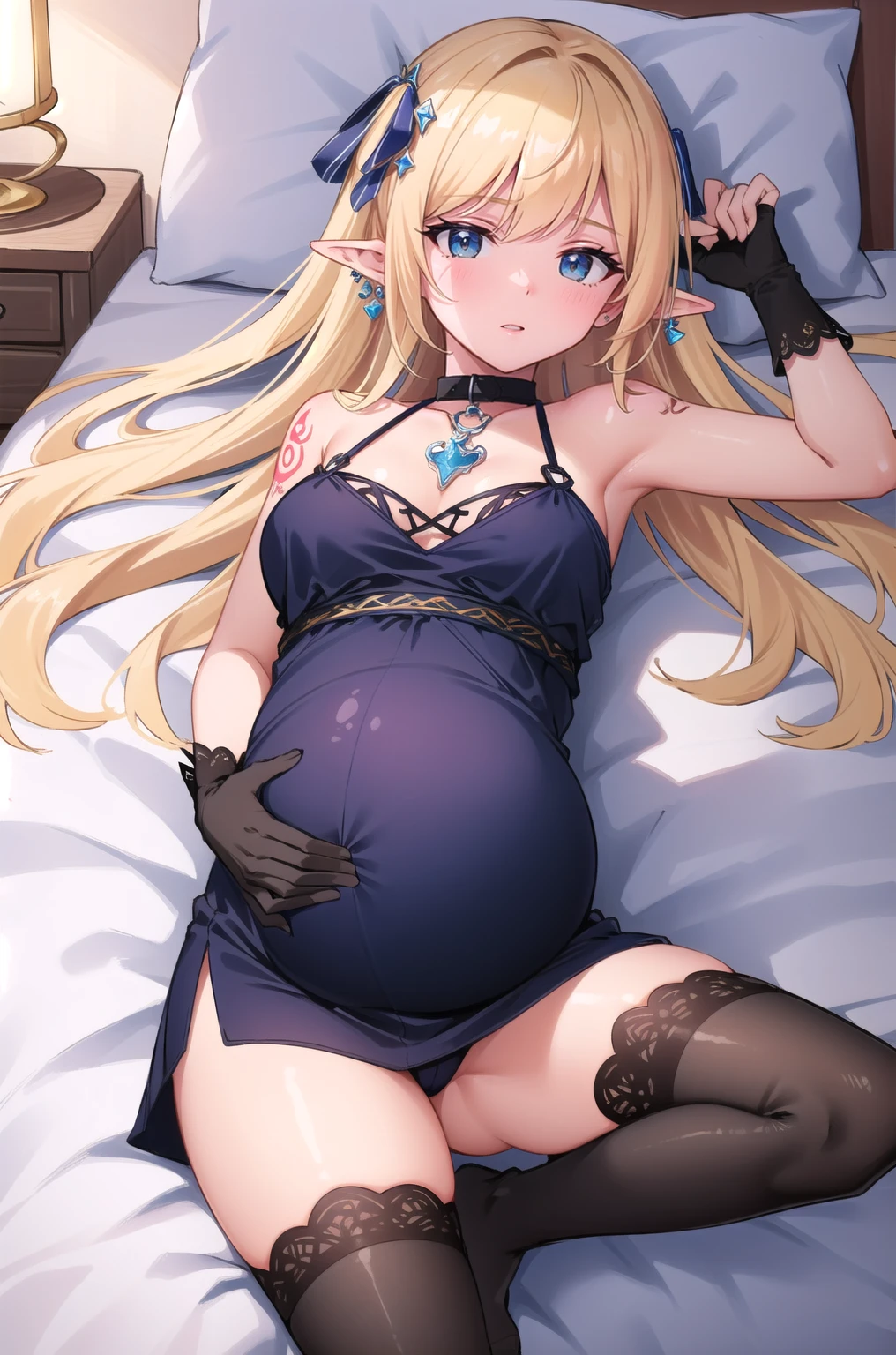 (masterpiece, best quality),  intricate details,
1girl,  mercedes \(maplestory\), 1girl, dress, hair ornament, blonde hair, thighhighs, pointy ears, Naughty tattoo on the belly, Wearing a dog collar, pregnancy, laying on the bed 