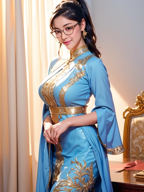 (8k, best quality, masterpiece, looks all detailed), highly detailed, masterpiece, realistic lighting, masterpiece, best quality, masterpiece, official artwork, highly detailed 8k unity CG wallpaper, Indonesian teenage girl of Javanese descent, long black hair tied with white long ponytail patterned ribbon, elegant and beautiful, full of charm, smiling sweetly and happily, wearing glasses, wearing an empire waist shift dress long skirt with light blue pleats with gold embroidery, big breasts, wearing white high heel shoes, slender and tall body, standing in a forward-facing style, room background.