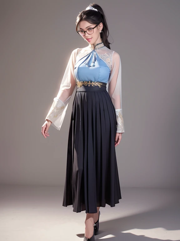 (8k, best quality, masterpiece, looks all detailed), highly detailed, masterpiece, realistic lighting, masterpiece, best quality, masterpiece, official artwork, highly detailed 8k unity CG wallpaper, Indonesian age girl of Javanese descent, long black hair tied with white long ponytail patterned ribbon, elegant and beautiful, full of charm, smiling sweetly and happily, wearing glasses, wearing an empire waist shift dress long skirt with light blue pleats with gold embroidery, big breasts, wearing white high heel shoes, slender and tall body, standing in a forward-facing style, room background.
