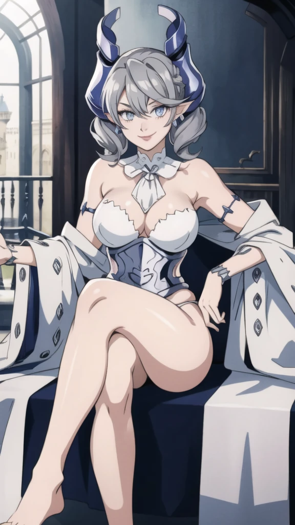 Outside castle top High level image quality best image quality 8K adult woman silver castle outside more colors whole body view portrait bikini horn ears short hair((shortcut)(gray hair)(perm)(fluffy)) eye color is blue , , attractive evil face , smile , sexy pose , labrynth , barearm , wearing white , sitting crossed legs styles , view foot arc , view side